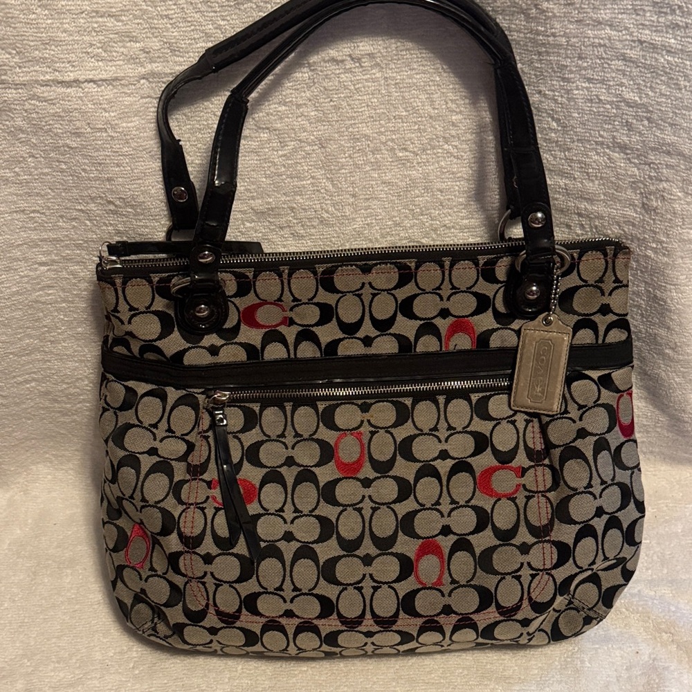 Coach Signature Canvas Shoulder Bag - Black and Red Accents - H1220-21184
